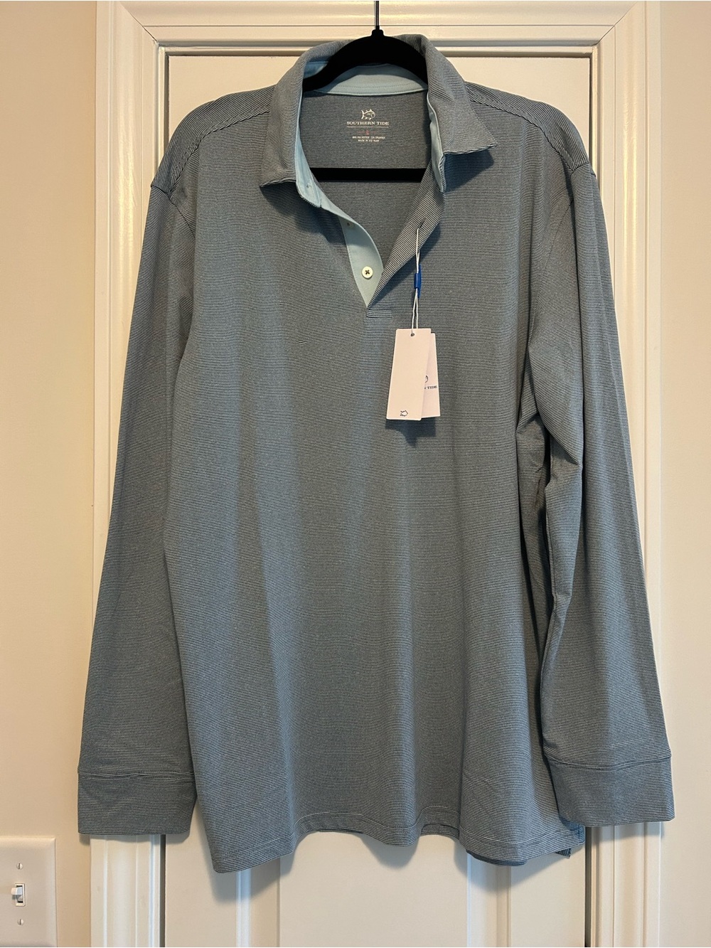 Southern Tide Heather Blue Striped Long Sleeve Polo Men’s Large